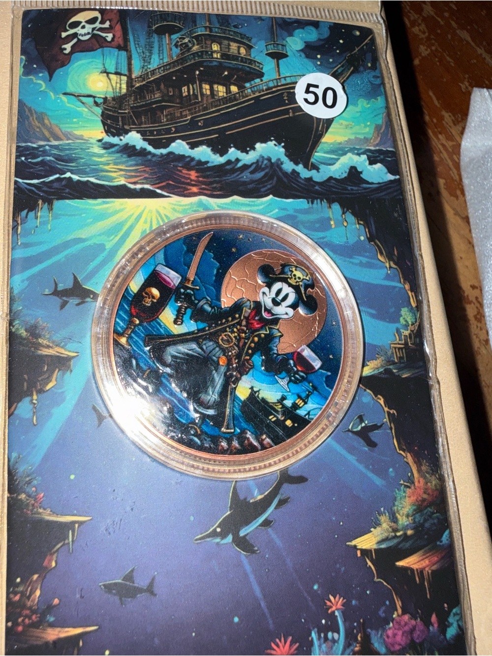 Cool2coin Pirate Willie 33g .999 copper colourized proof round. Mickey art.